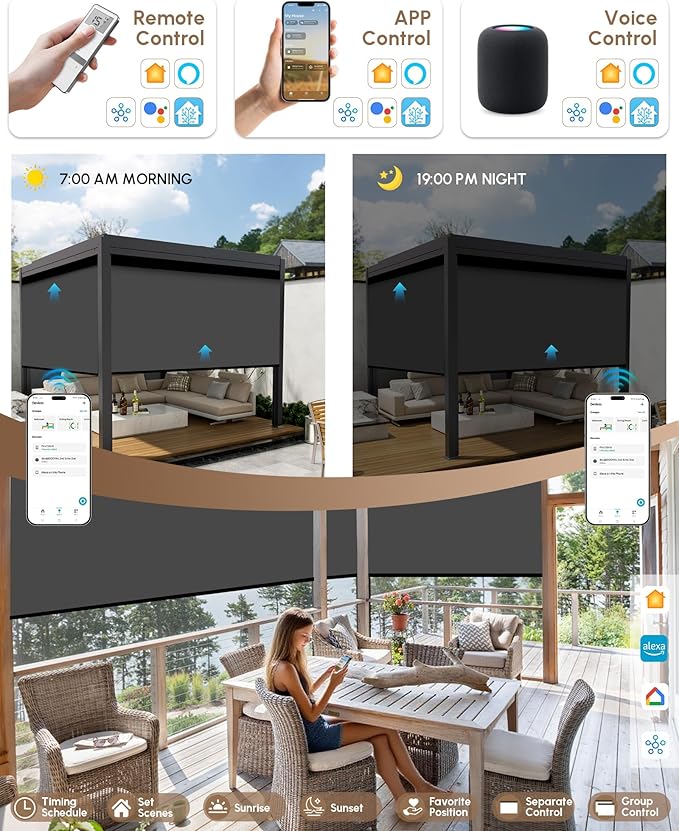 Kincmo Motorized Outdoor Shades for Patio Porch, Custom Outdoor Motorized Blinds with Remote, Waterproof & Windproof Patio Shades Work with Apple Home,Alexa,Google (0% Openness Dark Grey)