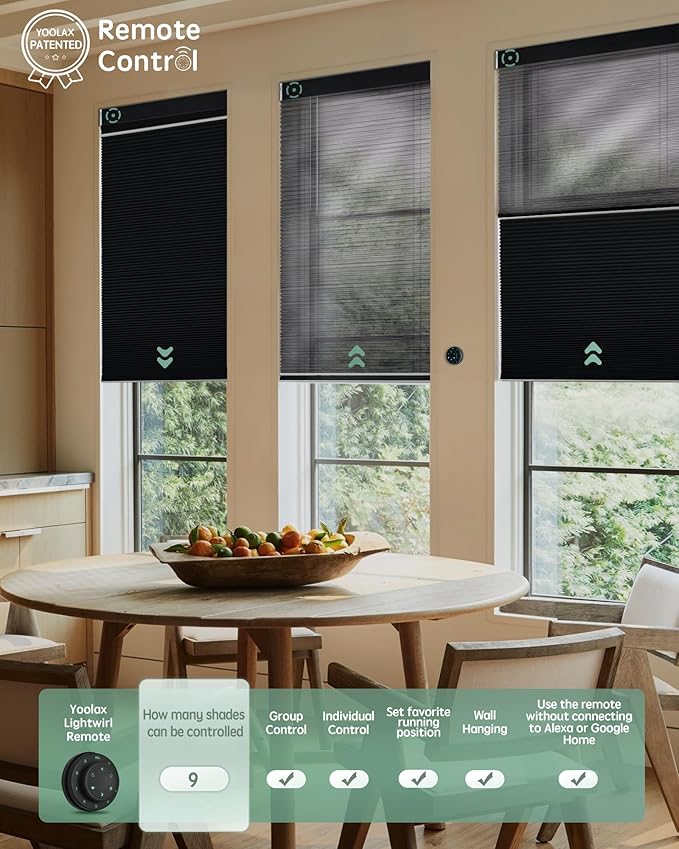 Yoolax Smart Motorized Day and Night Cellular Shades with Remote, Top Down Bottom Up Blinds Compatible with Alexa, Honeycomb Blinds (Black Light Filtering+Black Blackout)
