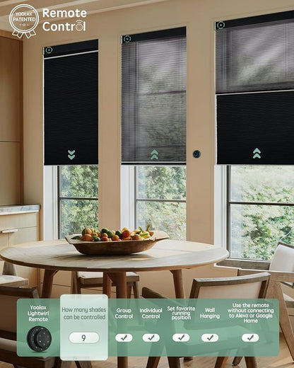 Yoolax Smart Motorized Day and Night Cellular Shades with Remote, Top Down Bottom Up Blinds Compatible with Alexa, Honeycomb Blinds (Black Light Filtering+Black Blackout)