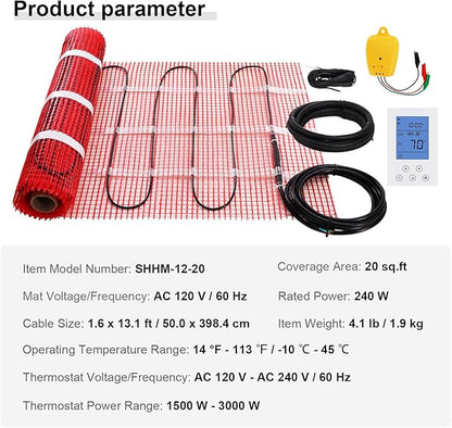 VEVOR Floor Heating Mat, 20 Sq. ft, Electric Radiant in-Floor Heated Warm System with Digital Floor Sensing Thermostat, Includes Installation Monitor, Adhesive Back for Easy Installation on The Floor