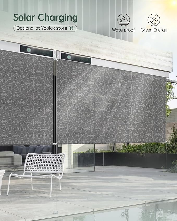 Yoolax Customized Motorized Outdoor Shades, Smart Blinds Compatible with Alexa Google, Remote Control Waterproof Blinds for Patio Porch Windows Outside (3% Openness Geometric Black)