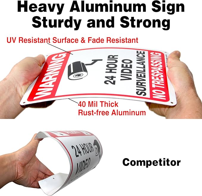 Video Surveillance Sign, No Trespassing Sign, Metal Reflective Warning Sign, 10 x7 Inches 0.40 Aluminum, (2 Pack) Fade Resistant, UV Protected, Waterproof, Indoor or Outdoor Use for Home Business CCTV