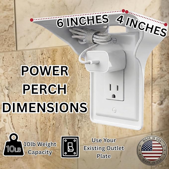 BeraTek Power Perch Wall Outlet Shelf with Cord Storage Strap - Declutter & Reclaim Counter Space - Alexa Holder, Charging Stand, Apple Homepod Mini Wall Mount - White, 2-Pack