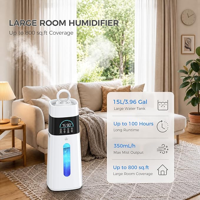 Humidifiers for Bedroom,15L/3.96 Gal 800 sq.ft, Cool Mist Humidifier Large Room with 350mL/H Spray Output for Home, Office, Plants, Warehouse, House