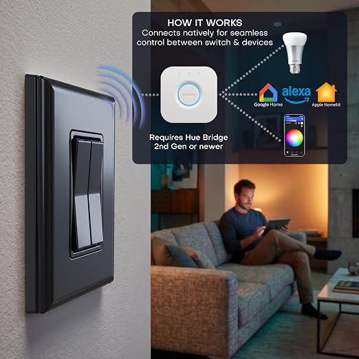 RunLessWire Click for Hue Battery-Free Wireless Smart Switch 3 Pack Black | Dimmable Kinetic Switch Pairs Natively to Philips Hue Bridge, 4 Programmable Buttons to Control Scenes & Areas, 100ft Range