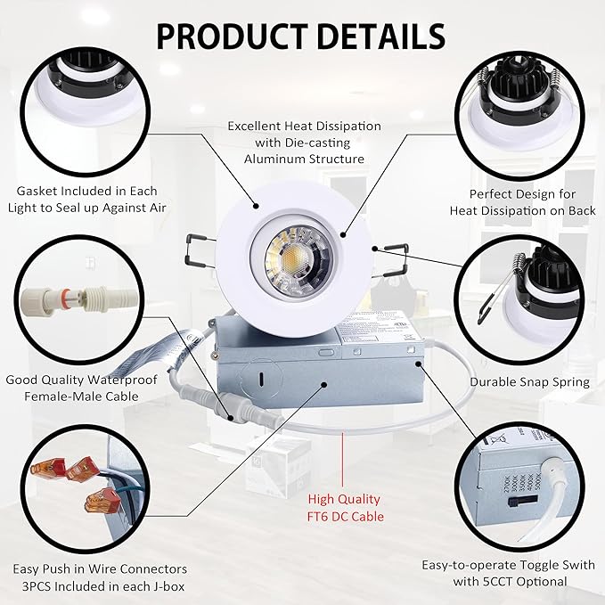 POPANU Canless Recessed Gimbal Downlight Rotatable-Spotlight 5 CCT 3 Inch Eyeball Ceilling Potlight, Dimmable Recessed Lights Fixture with Junction Box, 8W CCT Adjustable, White Round Trim, 6 Pack