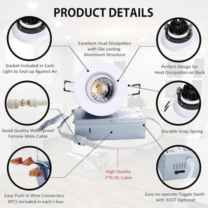 POPANU Canless Recessed Gimbal Downlight Rotatable-Spotlight 5 CCT 3 Inch Eyeball Ceilling Potlight, Dimmable Recessed Lights Fixture with Junction Box, 8W CCT Adjustable, White Round Trim, 6 Pack