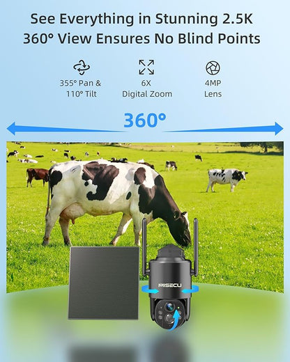 MISECU 4G LTE Cellular Security Camera, 2.5K Solar Outdoor Cam Wireless Without WiFi Needed, 360° PTZ Live View Off Grid Camera, AI Motion Detection, Color Night Vision, Local/Cloud Storage