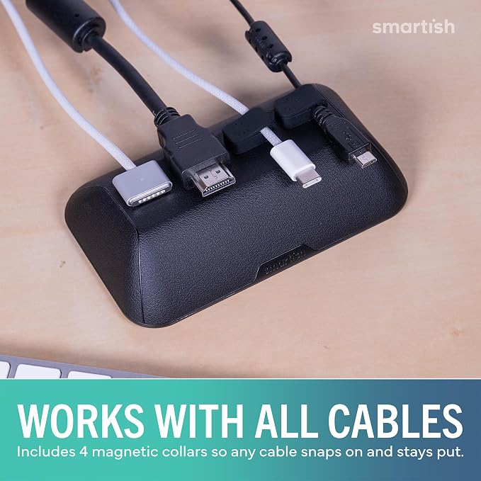 Smartish Magnetic Cord Holder, Bigger Cable Wrangler, Office Desk Organizer | Holds 8 Cords, 2 Cable Clips, Weighted Base, Charger Keeper, Phone Charging Cable Management, Nightstand Accessories, Black