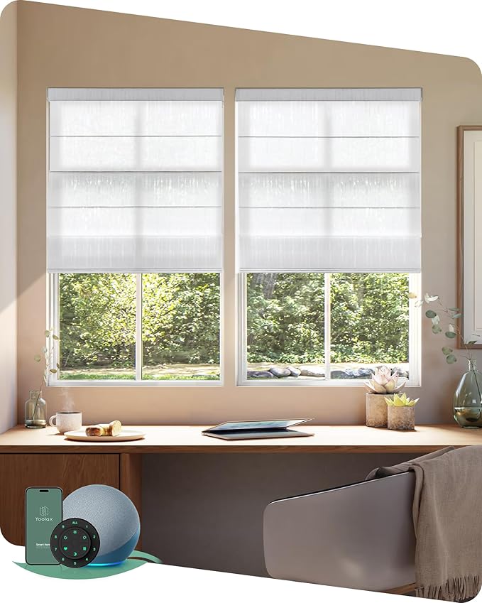 Yoolax Motorized Roman Shades with Remote, Smart Roman Shades for Indoor Windows, Light Filtering Automatic Blinds Work with Alexa, Google, Apple Homekit for Living Room, Customized (Strip White)