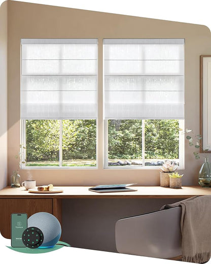 Yoolax Motorized Roman Shades with Remote, Smart Roman Shades for Indoor Windows, Light Filtering Automatic Blinds Work with Alexa, Google, Apple Homekit for Living Room, Customized (Strip White)