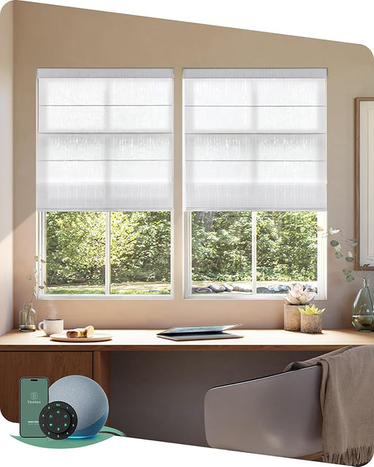 Yoolax Motorized Roman Shades with Remote, Smart Roman Shades for Indoor Windows, Light Filtering Automatic Blinds Work with Alexa, Google, Apple Homekit for Living Room, Customized (Strip White)