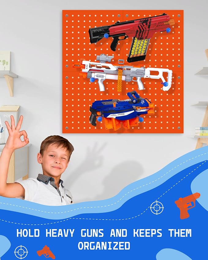 Wooden Peg Board for Nerf Gun Storage Organizer 13 x 13 x 0.31 in - Orange | 4 MDF Panels, 20 Wooden Pegs, Compatible with All Blasters Nerf Gun Rack Organizer for Wall Organization