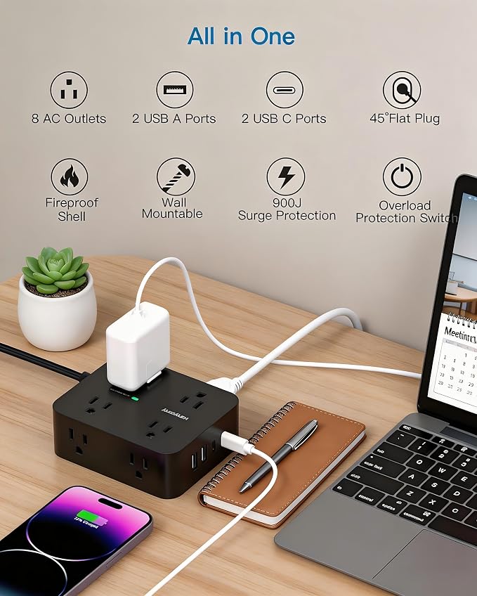 Power Strip Surge Protector, Extension Cord with 8 Widely Spaced AC Outlets