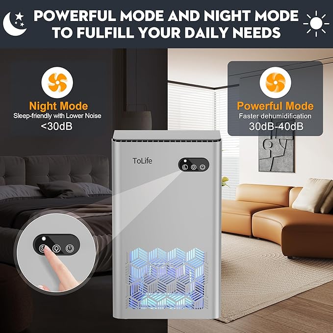 ToLife Dehumidifier for Home, 1000 sq.ft Dehumidifiers for Basement Bathroom Bedroom with 95 OZ Water Tank, Auto Shut Off 7 Colors LED Light, Silver