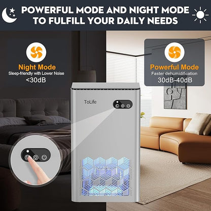 ToLife Dehumidifier for Home, 1000 sq.ft Dehumidifiers for Basement Bathroom Bedroom with 95 OZ Water Tank, Auto Shut Off 7 Colors LED Light, Silver