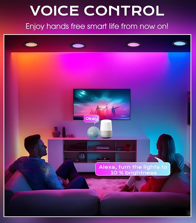CLOUDY BAY [4 Pack] 6inch Smart WiFi LED Recessed Lights,RGBCW Color Changing Recessed Lighting,Compatible with Alexa and Google Home Assistant,No Hub Required,15W 2700K-6500K,CRI90+,Black
