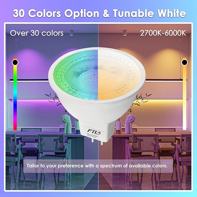FTL MR16 LED Color Changing Light Bulb with Remote Control, 12V RGB Dimmable Colored Light Bulbs 5W=40W, 30 Color, Timer, 2700K-6000K, GU5.3 Landscape Light Bulbs for Track Recessed Lighting, 10-Pack
