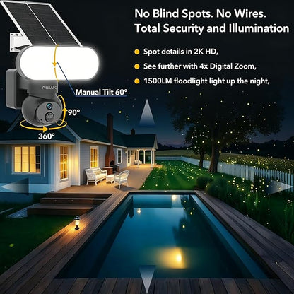 Floodlight Camera Solar Powered, 1500 Lumens Security Light, 2K Wireless Outdoor Cam with 360° PTZ, Human/Vehicle/Animal AI Detection, Color Night Vision, 64GB Local Storage, No Monthly Fee
