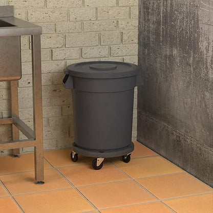 20 Gallon Gray Round Commercial Trash Can with Lid and Dolly, Heavy-Duty Food Grade NSF Certified, Perfect for Restaurant, Office, School, Garage, Backyard, Workshop, Warehouse