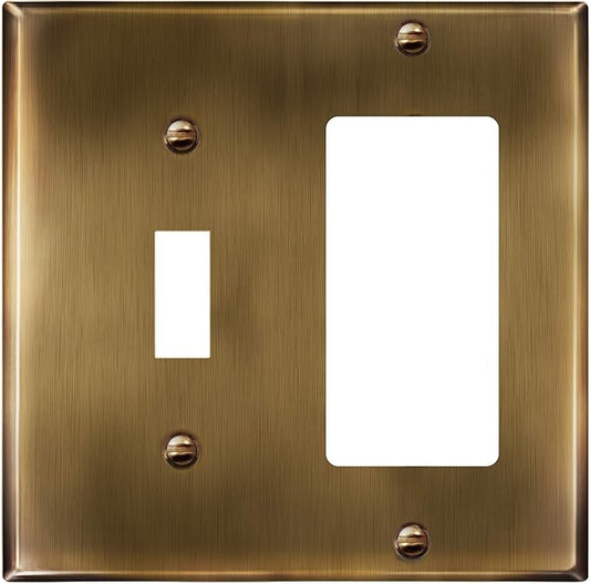 ENERLITES Combination Toggle Switch & Decorator Receptacle Metal Wall Plate, Stainless Steel 201 Outlet Cover, Corrosion-Resistant, Standard Size 2-Gang 4.50" x 4.57", 771131-AB, Antique Brass