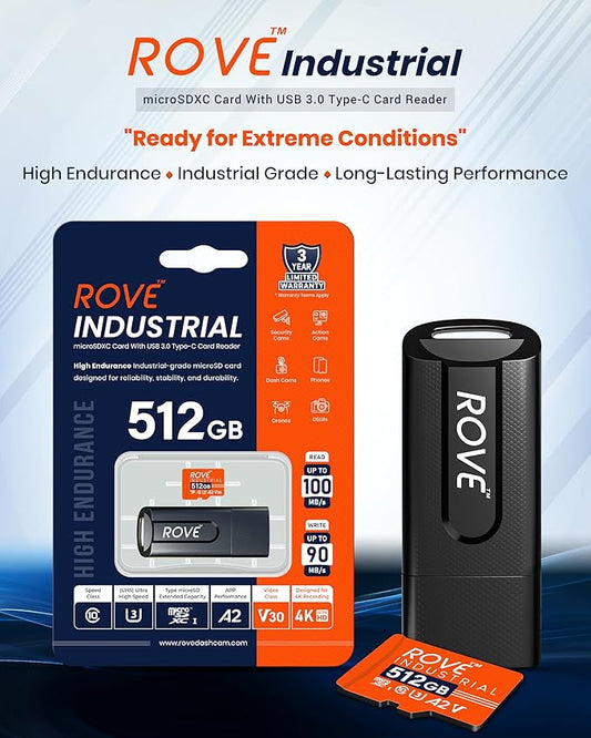 ROVE Industrial 512GB Micro SD Card with USB 3.0 Type C Card Reader, High Endurance microSDXC Memory Card 100MB/s Read Speed, C10, U3, V30, 4K, A2 for Dash Cam, Android Smart Phones, Tablets, Games