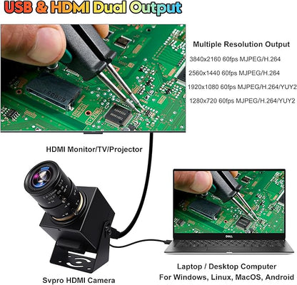 SVPRO 4K 60fps USB Camera with 2.8-12mm Manual Zoom Lens, HDMI/USB3.0 Dual Output, H.264/MJPEG, 4X Optical Zoom Webcam for PC, Mac, Raspberry Pi, Live Streaming, Video Conferencing, TV Monitor