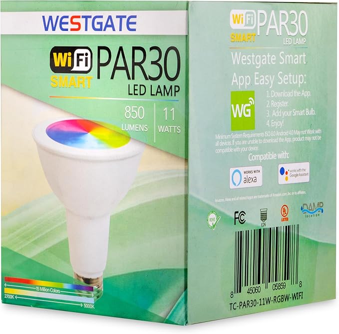 Westgate TC-PAR30-11W-RGBW-WIFI PAR30 RGBW Bulb -120VAC, 11W LED Flood Light, E26 Base, Compatible with Alexa and Goggle Home, Color Changing, Dimmable by App, Aluminum Housing (PAR30 11W)