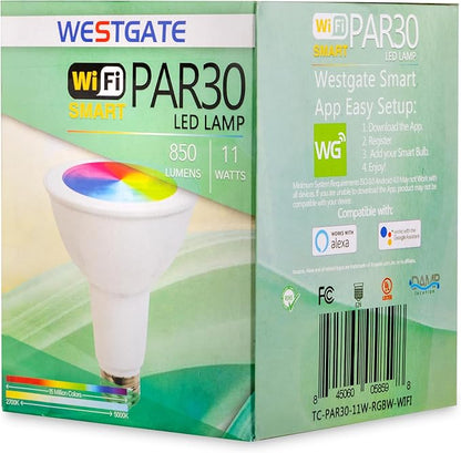 Westgate TC-PAR30-11W-RGBW-WIFI PAR30 RGBW Bulb -120VAC, 11W LED Flood Light, E26 Base, Compatible with Alexa and Goggle Home, Color Changing, Dimmable by App, Aluminum Housing (PAR30 11W)