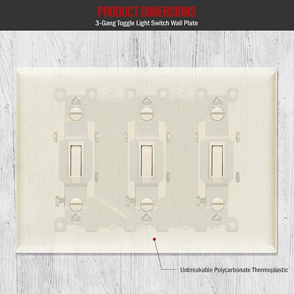 ENERLITES Triple Light Switch Wall Plate, Toggle Switch Plate, Gloss Finish, 3-Gang Mid-Size 4.88" x 6.77", Unbreakable Polycarbonate Thermoplastic, UL Listed, 8813M-LA, Light Almond