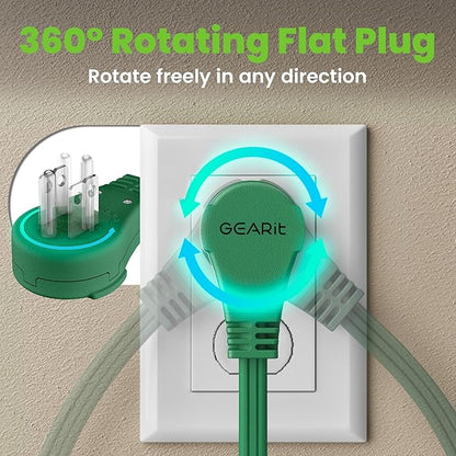 GEARit 25 ft 360° Rotating Flat Plug Extension Cord, 3 Outlet Low Profile Power Cord, 16 AWG 13A 3 Prong Grounded Indoor Cord, ETL Listed, Space-Saving for Furniture, Green