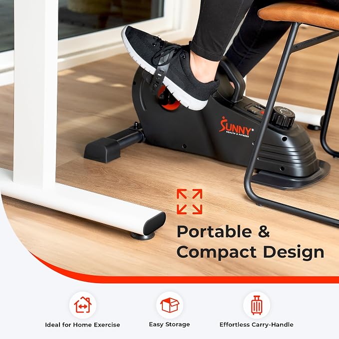 Sunny Health & Fitness 2-in-1 Smart Magnetic Pedal Exerciser, Compact Indoor Under-Desk Mini Exercise Bike for Full Body Cardio Workout and Physical Therapy, Free SunnyFit Training App Connection