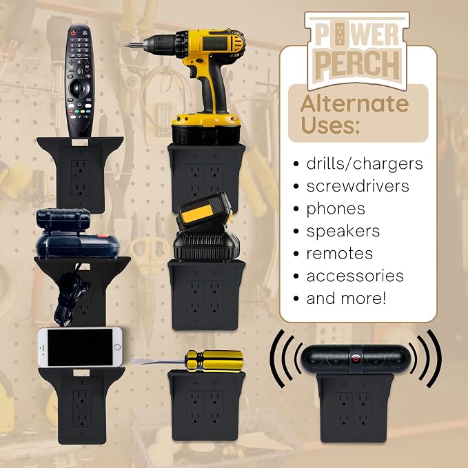 Power Perch Horizontal Outlet Shelf Organizer for Alexa Echo Dot Speakers, Phone - Wall Outlet Holder with Cord Storage Strap - Socket Shelf Bathroom Kitchen Counter Charging Station - Black 1 Pack