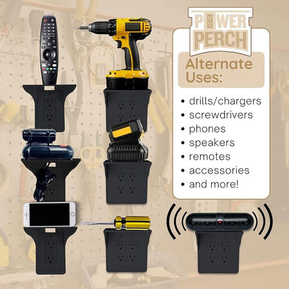Power Perch Horizontal Outlet Shelf Organizer for Alexa Echo Dot Speakers, Phone - Wall Outlet Holder with Cord Storage Strap - Socket Shelf Bathroom Kitchen Counter Charging Station - Black 1 Pack