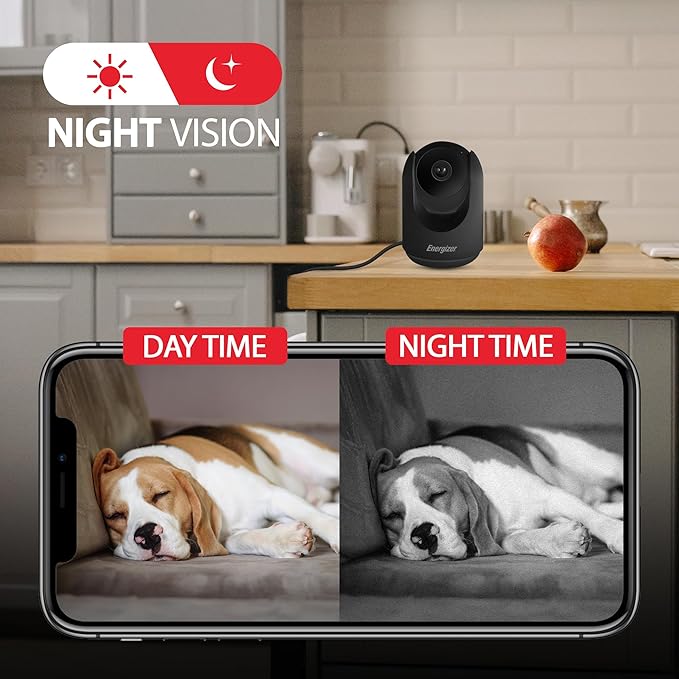 Energizer Smart 2K Indoor Pan & Tilt Wired Camera, Motion Tracking, Two-Way Audio, Night Vision, Instant Notifications, Recording, App, Hub-Free Wi-Fi Connection, Compatible with Alexa & Google Home