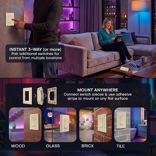 RunLessWire Click for Hue Battery-Free Wireless Switch 2 Pack Light Almond | Dimmable Kinetic Switch Pairs Natively to Philips Hue Bridge, 4 Programmable Buttons to Control Scenes & Areas, 100ft Range