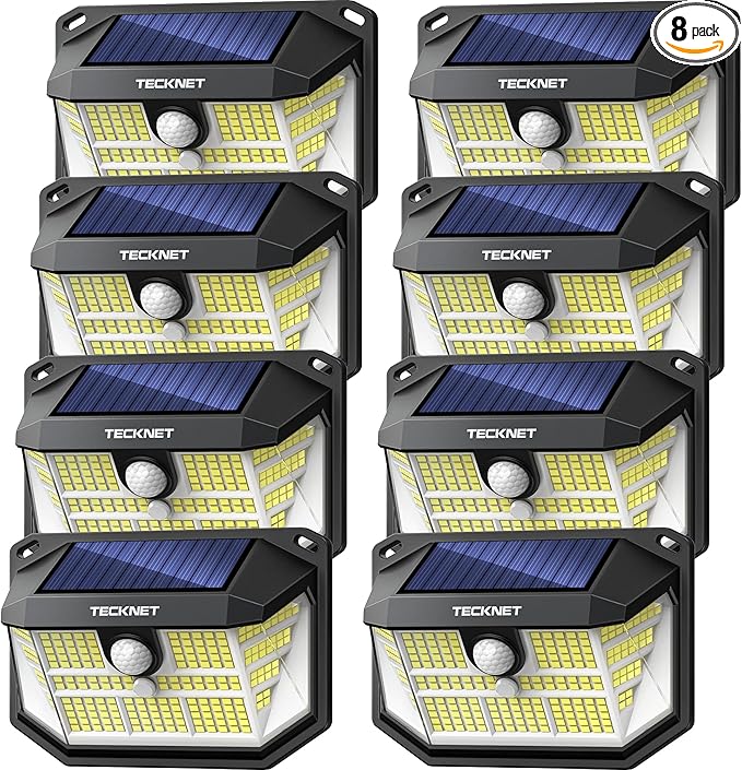 TECKNET 231 LED Solar Motion Lights Outdoor, 300° Angle & 3 Lighting Modes, PIR Motion Sensor & IP65 Security Solar Wall Lights for Fence Front Door Yard Deck Garden Garage(8 Pack)