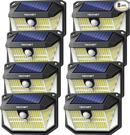 TECKNET 231 LED Solar Motion Lights Outdoor, 300° Angle & 3 Lighting Modes, PIR Motion Sensor & IP65 Security Solar Wall Lights for Fence Front Door Yard Deck Garden Garage(8 Pack)
