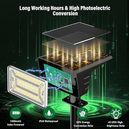 Solar Spot Lights Outdoor with 60 LED & Auto On/Off, 6 Pack Solar Lights Outdoor Waterproof IP68 with 3 Lighting Modes, 2-in-1 Solars Landscape Light for Outside, Garden, Yard(Warm White)