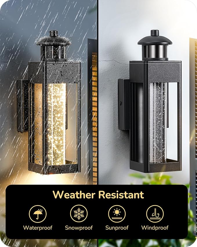 EDISHINE Motion Sensor Porch Lights Outdoor, Dusk to Dawn Exterior Lighting Fixtures with Crystal Bubble Glass, LED Outside Wall Sconce Lantern for Garage 1100 Lumen