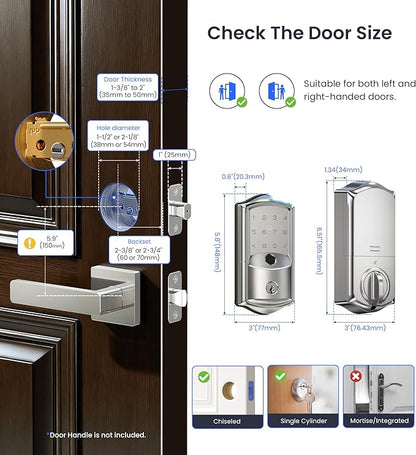 Veise VE027 Built-in Wi-Fi Smart Lock, Fingerprint Keyless Entry Front Door Lock, App Remote & Voice Control, No Hub Needed, Touchscreen Keypad Deadbolt, IP65 Waterproof, BHMA Grade 3, Satin Nickel