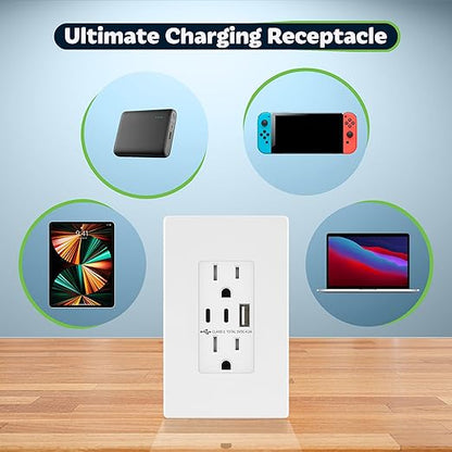 TOPGREENER 4.2A 3-Port Type C USB Outlet, 15 Amp Receptacle Plug, Charging Power Outlet with Dual Type C&A Ports, Screwless Wall Plate Included, UL Listed, TU21542AC2-WSID, White, 2 Pack
