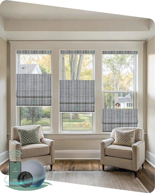 Yoolax Smart Top Down Bottom Up Roman Shades, Motorized Roman Shades with Remote, Light Filtering Smart Blinds Work with Alexa, Google, Apple Homekit for Living Room, Customized (Strip Light Grey)