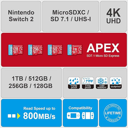 TEAMGROUP APEX 512GB microSD Express Card, microSDXC Memory Card U3 A1 V30 R/W up to 800/700 MB/s, for Nintendo Switch2, UHS-I Compatible, with Adapter TAPMSDE512GIV30A102