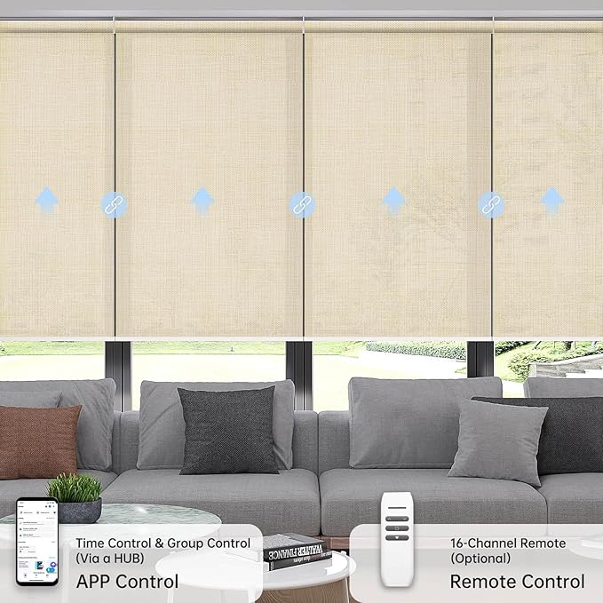 Motorized Coupled Shades, Light Filtering Smart Blinds for Large Windows Automatic Blinds Compatible with Alexa, Electric Roller Shades Customized for Living Room Home Office(Light Coffe)