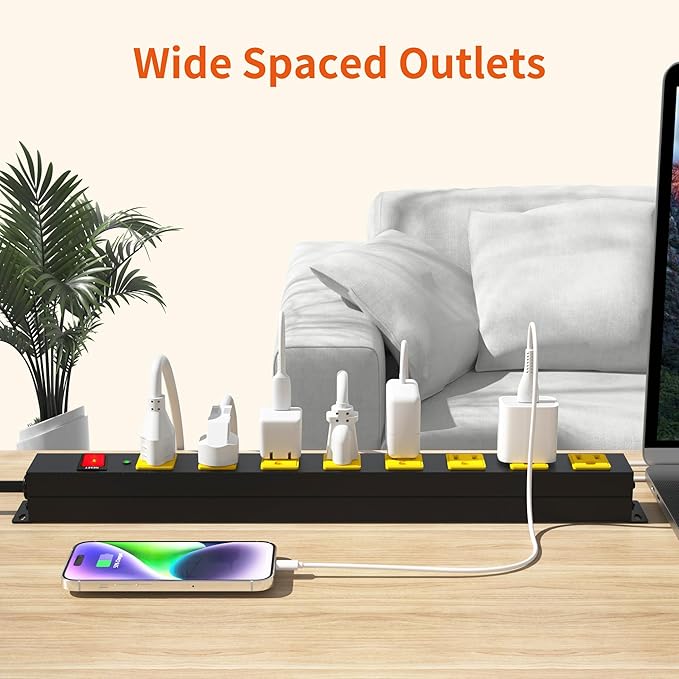 8 Outlet Long Power Strip, 2100J Surge Protector Heavy Duty 6FT Cord Wide Spaced and Wall Mount Metal Powerstrip for Home Office Garage Workshop