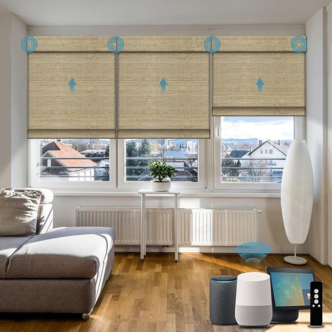Motorized Roman Woven Woods Shades Work with HomeKit/Alexa/Google Home,Cordless Motorized Blinds,Custom Size,Crocheting Light Brown