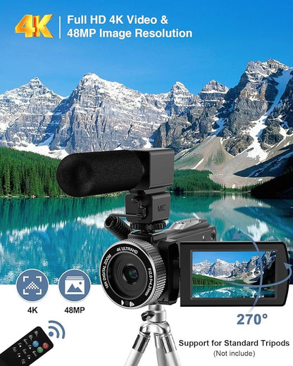 Video Camera Camcorder Full HD 4K 48MP Vlogging Camera for YouTube Digital Camera Recorder Video Camera for Filming with 3.0" Touch Screen,2 Batteries and 32G SD Card