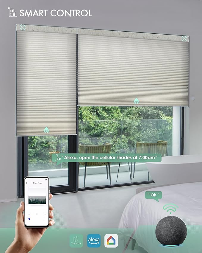 Yoolax Motorized Cellular Shades Compatible with Alexa, Light Filtering Motorized Blinds with Remote Smart Honeycomb Shades for Indoor Windows, Automatic Blinds Custom Size (Linen Beige)