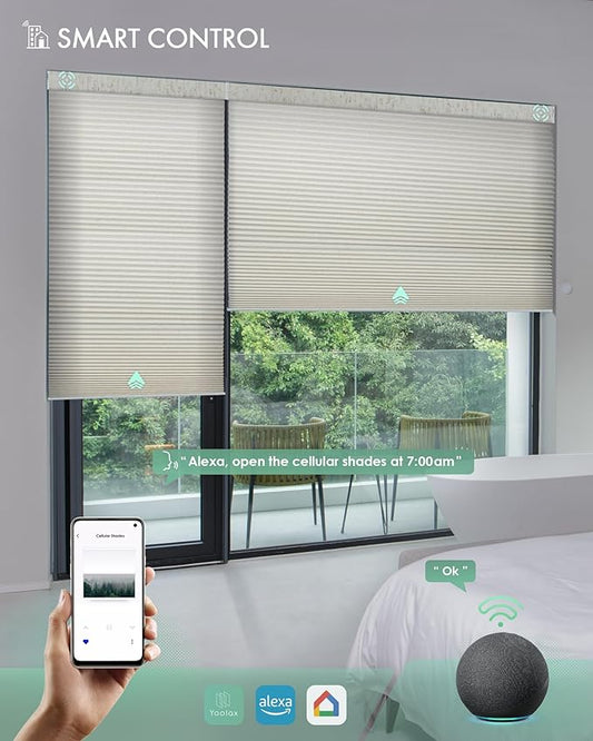 Yoolax Motorized Cellular Shades Compatible with Alexa, Light Filtering Motorized Blinds with Remote Smart Honeycomb Shades for Indoor Windows, Automatic Blinds Custom Size (Linen Beige)